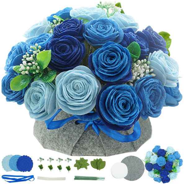 BAZIMA DIY Felt Flower Art Craft Kit, DIY Felt Blue Rose Pot Bonsai Kit, Floral Gifts,Beginner Craft Kit,Arrange Pre-Cut Felt Flowers and Foliage