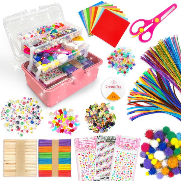 LINAYE 2500+PCS Arts and Crafts Supplies for Kids, DIY Craft Supplies Kit Box for Ages 6-8, Arts and Crafts Kit for Kids, Crafting Supply Set for Girls Boys Birthday Christmas Gifts, Deep Pink