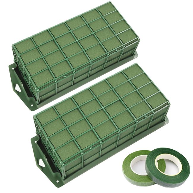 YOMUME Floral Foam Cage 2 Pieces, Flower Cage Holder with Floral Foam for Fresh Flower Arrangement and Artificial Flowers, Dry Floral Foam Blocks for Wedding, Green Florist Foam