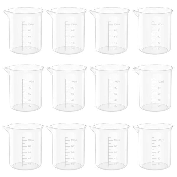 12 Pcs 3.4 Oz Transparent Lab Measuring Cup, 100ml Plastic Beaker Cups, for Science Experiment, Liquid Measuring