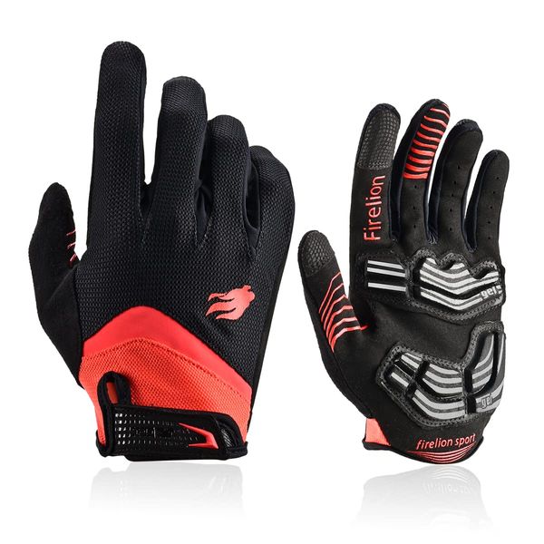 Firelion Long Finger Outdoor MTB Downhill Off Road Bicycle Gloves (Red, Medium)