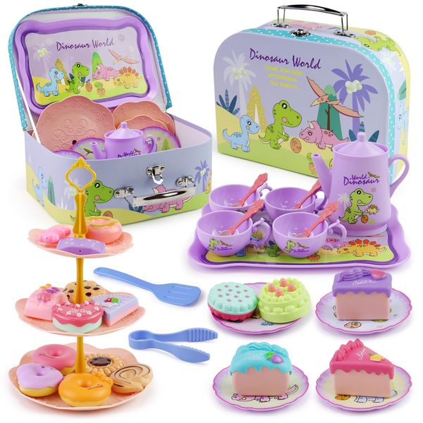 Motiloo 41 Pcs Dinosaurs Kids Tea Party Set with Carrying Case & Sweet Treats Playset - Pretend Toy Tin Tea Set for Little Girls - Princess Tea Time Pretend Play Tea Set Toys