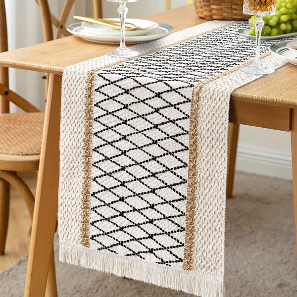 LOMOHOO Macrame Table Runner,Cream Beige Boho Table Runner with Tassels,Hand Woven Cotton and Burlap Splicing Table Runner,Rustic Farmhouse Table Runner for Bohemian,Kitchen Dining Table