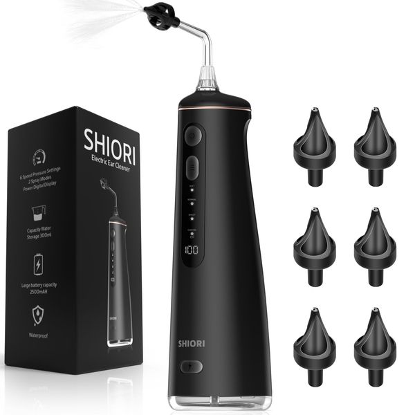 Ear Cleaner Ear Wax Removal Kit Ear Cleaning Irrigation Kit with 9 Cleaning Modes Safe &Effective for Earwax Buildup Rechargeable Ear Flushing System Tool with Basin and 6 Tips by SHIORI (Black)