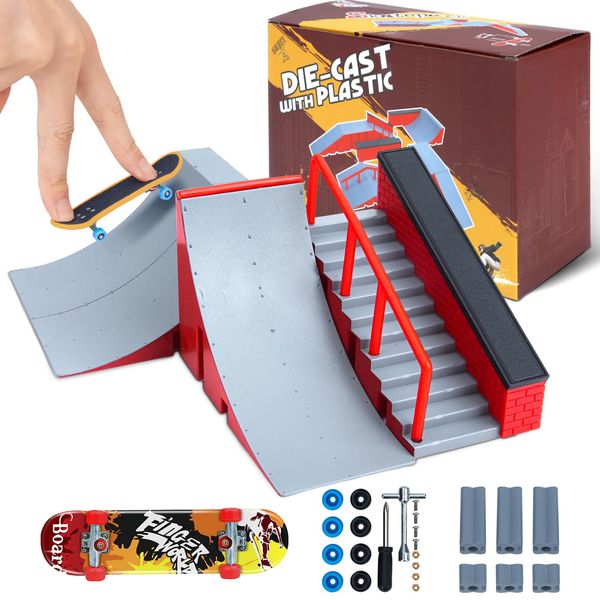 HMEEN Finger Skateboards Ramp Set, Fingerboard Skatepark Deck with Ramps, Fingerboard Half Pipe Ramp for Kids Adults Fingerboard Training Props Interactive Freestyle Skate Game A