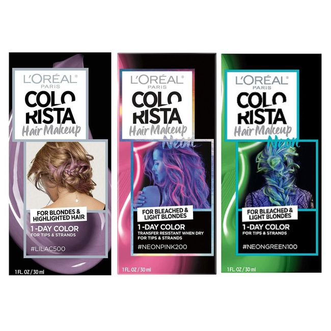 Loreal, Colorista, 1 Day, Temporary , Hair Color, Neon Pink, Neon Green & Lilac