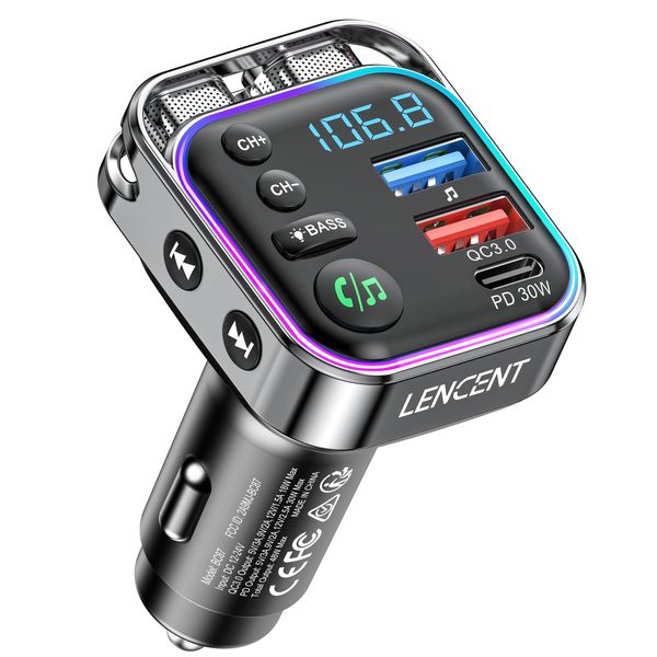 LENCENT Bluetooth 5.3 FM transmitter,PD 30W & QC3.0 Fast Charger Bluetooth car adapter,Hi-Fi music/clear calling car FM bluetooth adapter