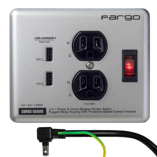 Fargo Extension Cord, USB Rapid Charging, Smartphone, STEEL TAP, Silver, Power Strip, Iron, 2 Outlets, Lightning Surge Protection, Stylish, Interior Design, DIY, Garage, Metallic, Master Switch, 5.9 ft (1.8 m) (2 Outlets with USB, Silver)