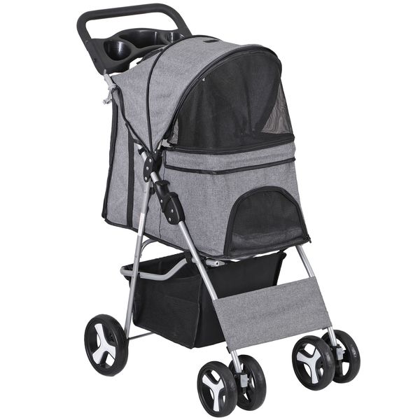 4-Wheels Foldable Pet Stroller Dog Cat Stroller w/Cup Holder for Medium Dog Gray