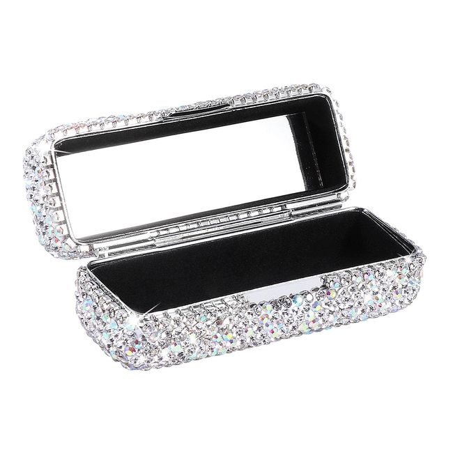 CALIDAKA Crystal Lipstick Case Holder Shiny Rhinestone Lipstick Organizer with Mirror Portable Bling Diamonds Lipstick Storage Holder Lip Gloss Makeup Storage Bag