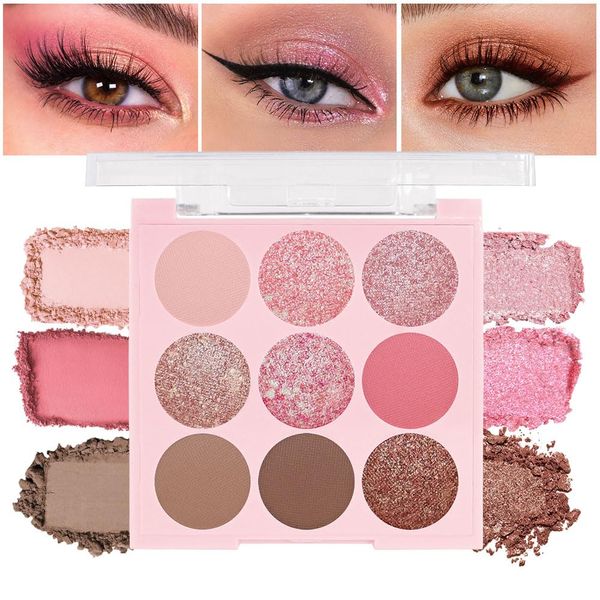 AMY'S DIARY Pink Shimmer Eye Shadow Makeup Palette 9 Colors, Highly Pigmented Matte Glitter Shimmer Pearl Waterproof Party Sparkling Eyeshadow Palette (01#)