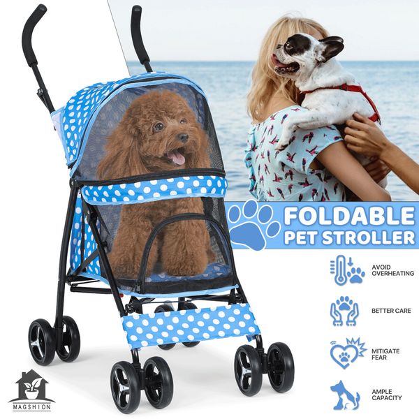 4 Wheels Foldable Pet Stroller Breathable Dog Stroller w/Storage Basket&Skylight