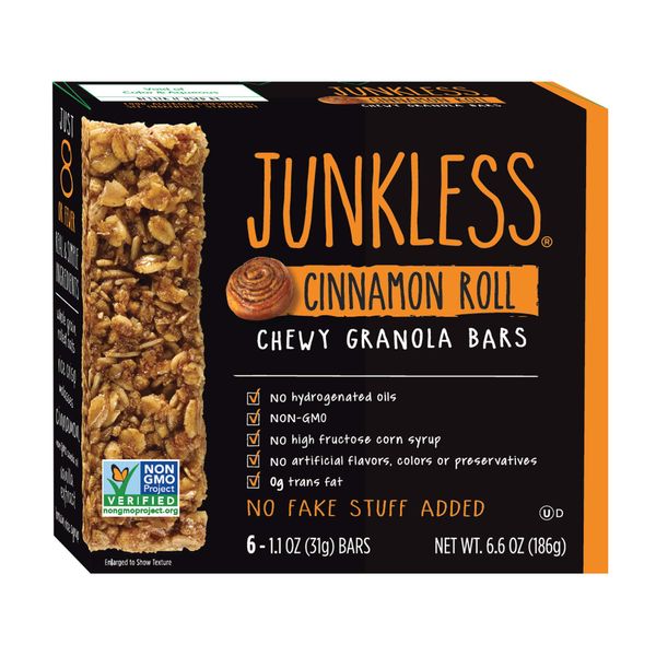 JUNKLESS Chewy Granola Bars, Cinnamon Roll, 6 x 1.1 oz bars, Non-GMO, low sugar, great tasting, made for kids & families