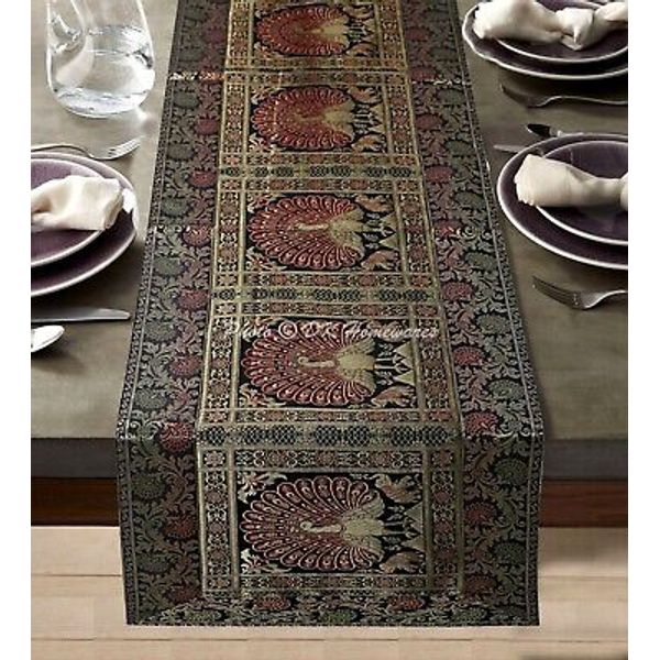 Indian Brocade Coffee Table Runner Black 5 Ft Peacock Wedding Table Cover