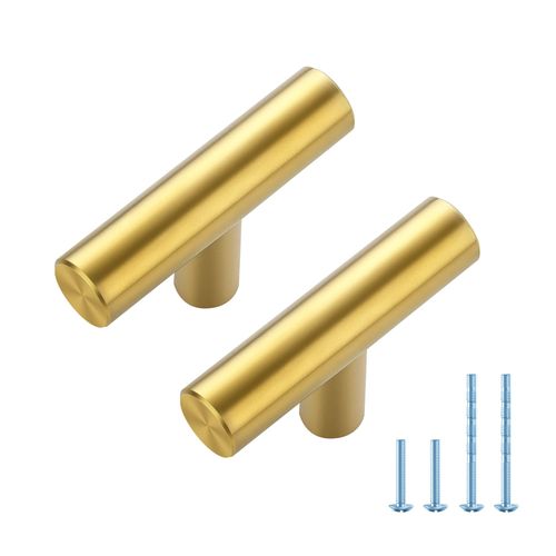 JOY DECOR 10 Pack 2 Inch Cabinet Pulls, Single Hole Stainless Steel Drawer Handles for Kitchen Cabinets, Cupboard, Wardrobe – Brushed Brass Gold