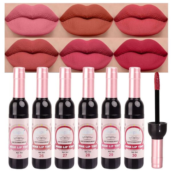 BINGBRUSH 6 Colors Matte Red Wine Liquid Lipstick Pack Set,Wine Lip Tint Long Lasting 24 Hour Waterproof Velvet Nonstick Cup Lipgloss Lip Stain Pigmented Lip Makeup Gift Sets for Girls and Women