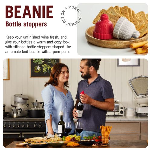 Beanie Cap Decorative Silicone Bottle Stopper in a Gift Box, Set of Two, Novelty Cork, Beverage and Wine Keeper, Champagne Bottle stoppers (Red & Grey)