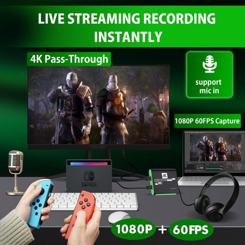 1080P 60FPS Capture Card for Switch, USB3.0 HDMI Capture with 4K30Hz Input and Passthrough, Game Capture Card for Streaming, Video Capture Card for PS4, Switch, Xbox, and PC