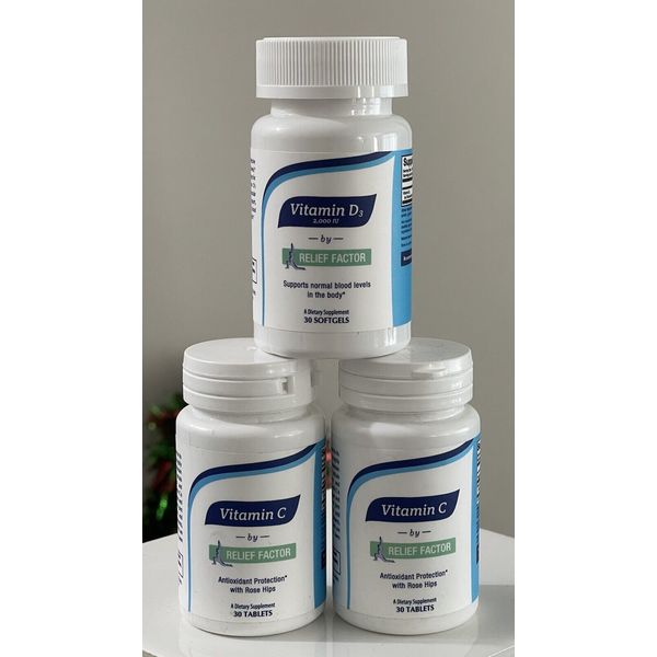 3 Bottles Relief Factor Vitamin C & Vitamin D3 Exp 2025, 2026 New Sealed