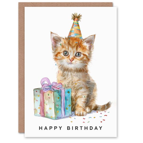 Birthday Card Adorable Kitten Baby Cat Pet in Party Hat For Girl Boy Kids