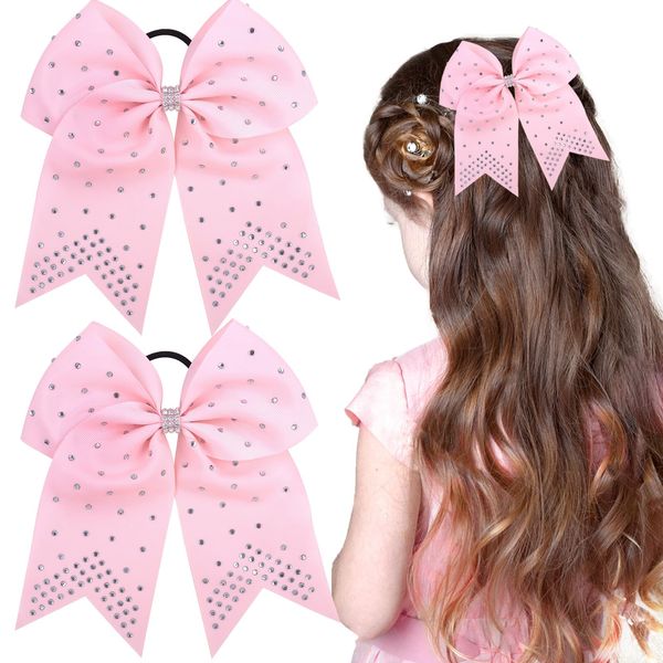 2 PCS 8" Large Rhinestones Cheer Hair bows, Cheerleading Bow with Ponytail Holders Elastic Hair Band for Cheerleaders Teen Girls Sports(Pink)