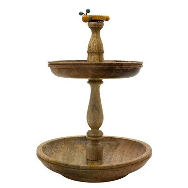 2-Tier Natural Mango Wood Round Dessert Cupcake Stand Serving Tray Tower Altius