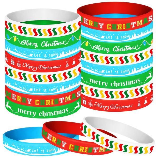 NEBURORA 48 Pack Christmas Wristband 6 Style Silicone Bracelet Wristbands Xmas Rubber Band for Christmas Party Decor 6 Merry Christmas Pattern Wrist Band Party Supplies