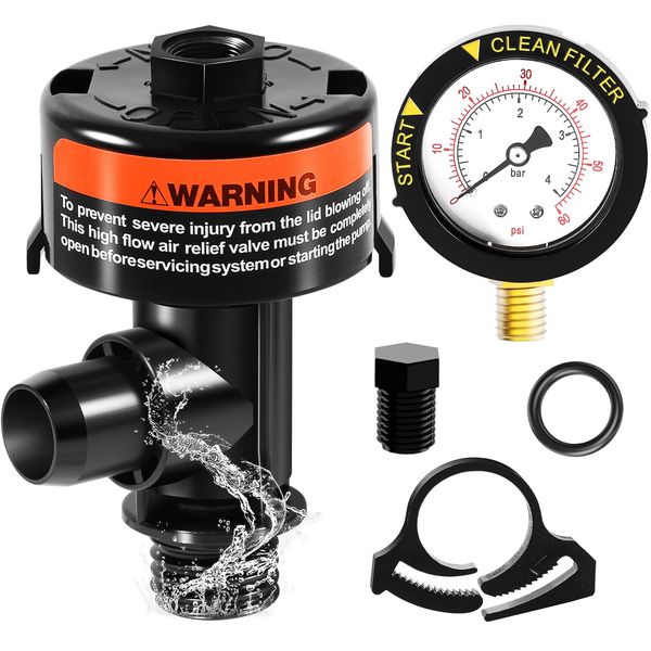 98209800 High Flow Manual Air Relief Valve w/Pressure Gauge Replacement for Pool and Spa Filter