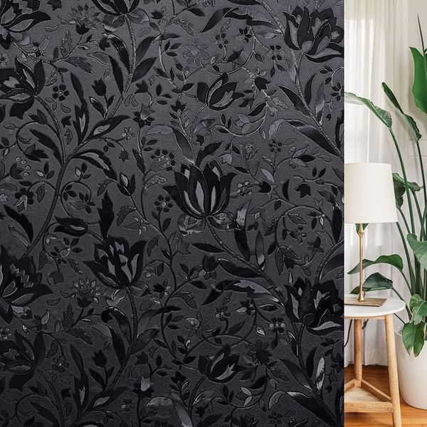 LEMON CLOUD Frosted Blackout Window Film, Privacy Black Out Glass Film for Day and Night, No Glue Static Cling, UV Protection Heat Control, Dark Black Tulip (30x200cm)