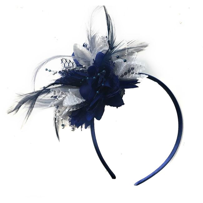 Caprilite Navy Blue and Silver Corsage Fascinator on Headband for Ascot Weddings