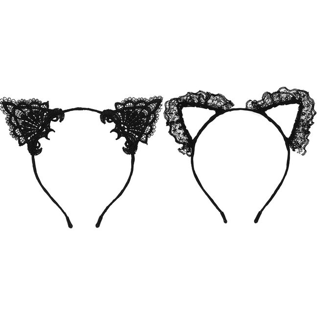 Jovono Easter Sexy Cat Ears Headbands Black Lace Cat Ears Hair Hoop Cosplay Halloween Prom Costume Party Nightclub Hair Accessories 2pcs for Women and Girls