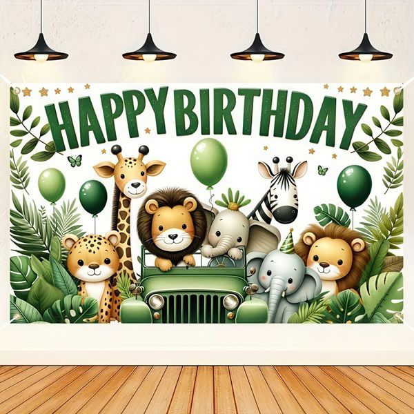 Blissyard animal birthday party decorations Jungle Animal Birthday Banner - 71 x 43 Inch Cartoon Safari Adventure Party Backdrop for Kids - Safari Theme Party Decoration