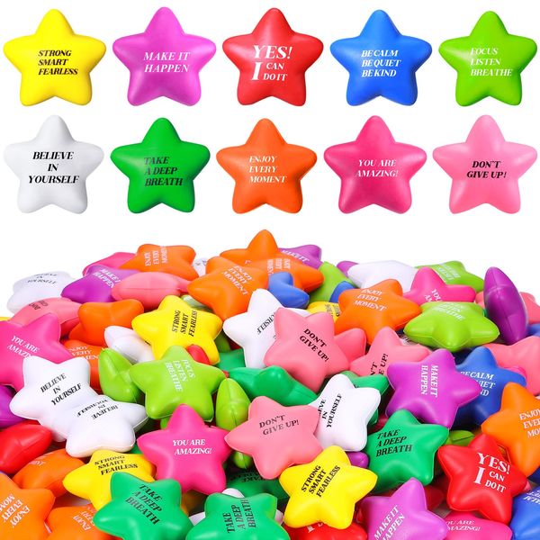 Jerify 120 Pcs Star Stress Balls with Quotes Motivational Stress Relief Ball Inspirational Star Stress Toy Bulk Gifts for Coworkers Kids Adults Stress Anger Fidget Relief Hand Exercise(Bright Colors)