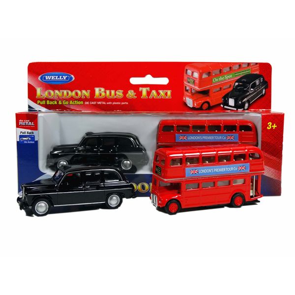 London Double Decker Red Bus and Black Taxi Mini Models (Pull Back & Go Action) Made of Die Cast Metal and Plastic Parts