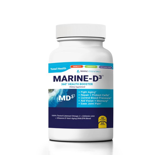 Marine Essentials- Marine D3 Improved Capsule Formula Super Antioxidant Omega 3 Anti-Aging Calamari Ecklonia Cava DHA (60 Capsules)