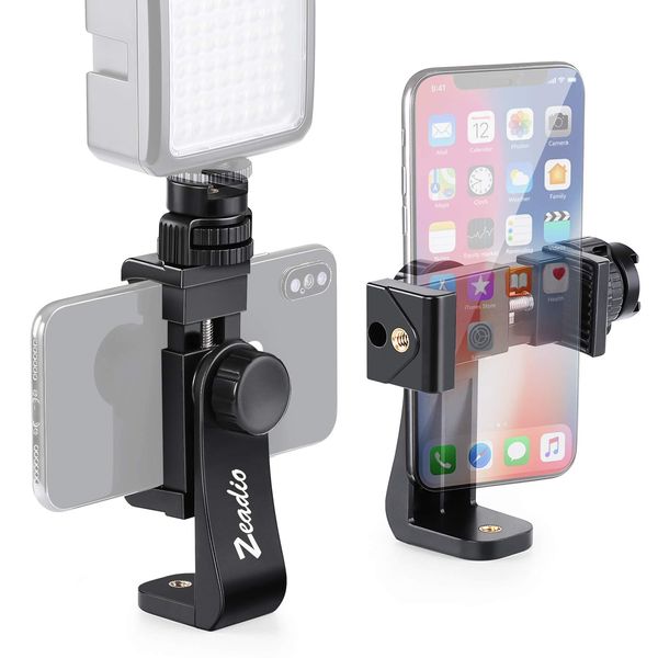 Zeadio Stativ Smartphone Halterung, Handyhalteradapter Klemme mit Kaltschuhhalterung, Selfie-Stick und Verstellbarer Einbeinstativklemme, Passend für alle iPhone und Android Smartphones