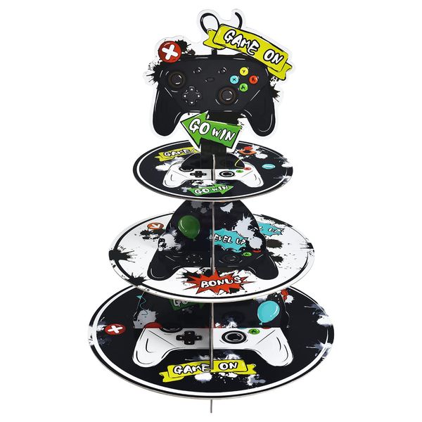 WERNNSAI Video Game Cupcake Decorations - Video Game Party Supplies for Kids Boys Birthday Cupcake Stand 3-Tier Cardboard Cupcake Stand Holder Round Serving Tray Stand Dessert Tower