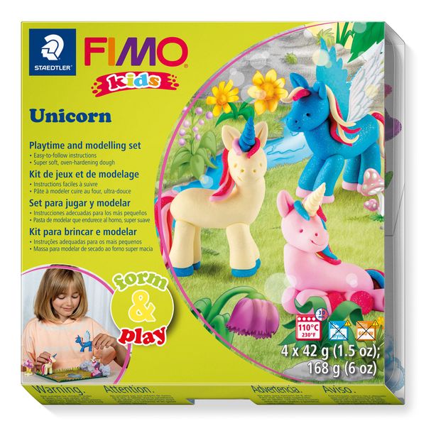 STAEDTLER 8034 19 LZ03 FIMO Kids Form&Play Playtime & Modelling Polymer Clay Set - "Unicorn" (Pack of 4 Blocks, Stickers, Modelling Tools & Background Scene)