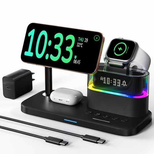 Compatible with Qi2 Certified Wireless Charging Station with Alarm Clock and Night Light,15W Fast 5 in 1 Mag-Safe Charger Stand for iPhone 16 15 14 13 12 Pro Max,Apple Watch,Air-Pods(Black)