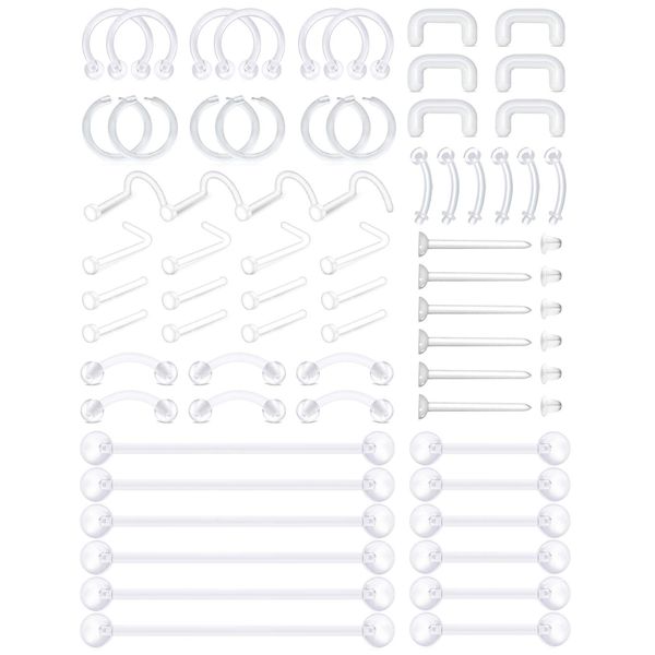 D.Bella Mix Style Clear Piercing Retainer Flexible Lip Ear Nose Septum Eyebrow Nipple Tongue Rings Cartilage Tragus Earrings Retainer Bioflex Plastic Industrial Barbell Piercing Retainer