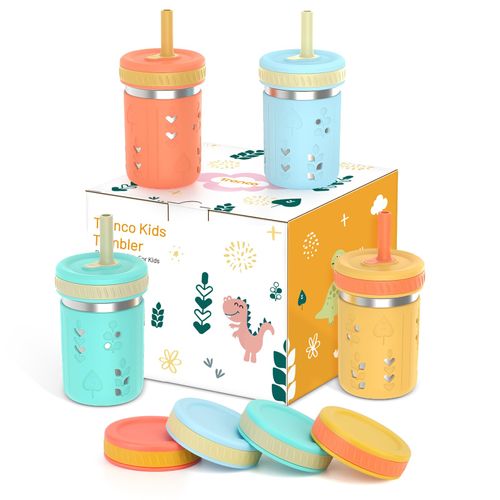 Tronco Stainless Steel Sippy Toddler Cups, 10 oz Mason Jar Kids Smoothie Cups with Silicone Sleeves & Spill Resistant Flexible Straw, BPA-Free, Dishwasher Safe, Snack Cup for Toddlers