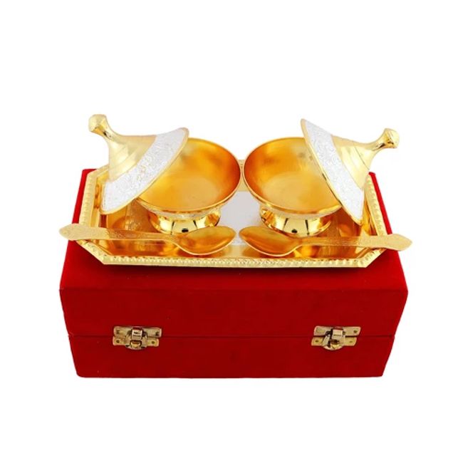 Silver & Gold Plated Brass Mouthfreshner Set 5 Pcs. (Bowl 3.25" Diameter & Tray 8'' x 4.25'') IND