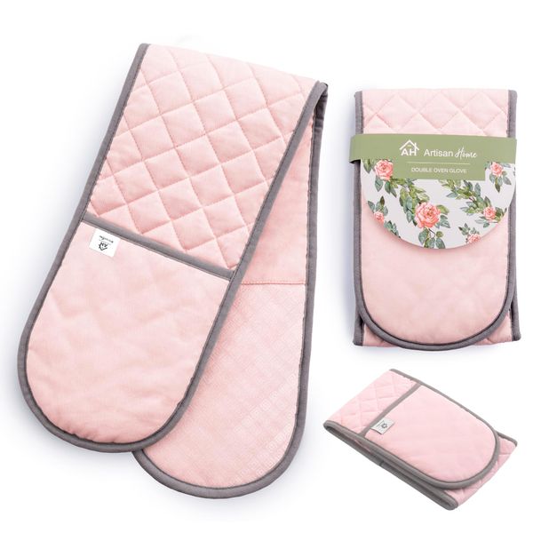 Pink Double Oven Gloves | Maximum Heat Resistant Protection | Double Oven Mitt With Silicone Non-slip Design | Machine Washable Oven Glove Home & Kitchen Accessories.