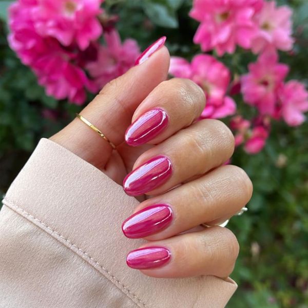 Hot Pink Chrome Press on Nails Medium Oval Fake Nails Full Cover,SXVME Hot Pink Aurora Press on Nails Medium Round,Metallic Fake Nails With Design,Plating Holographic Chrome Nails Glue on Acrylic