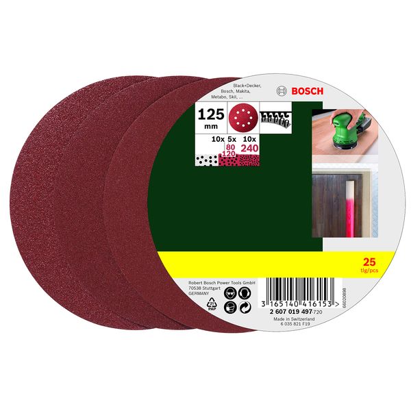 Bosch 25 Random Orbit Sanding Sheets, dia.125mm, 80-240 Grit