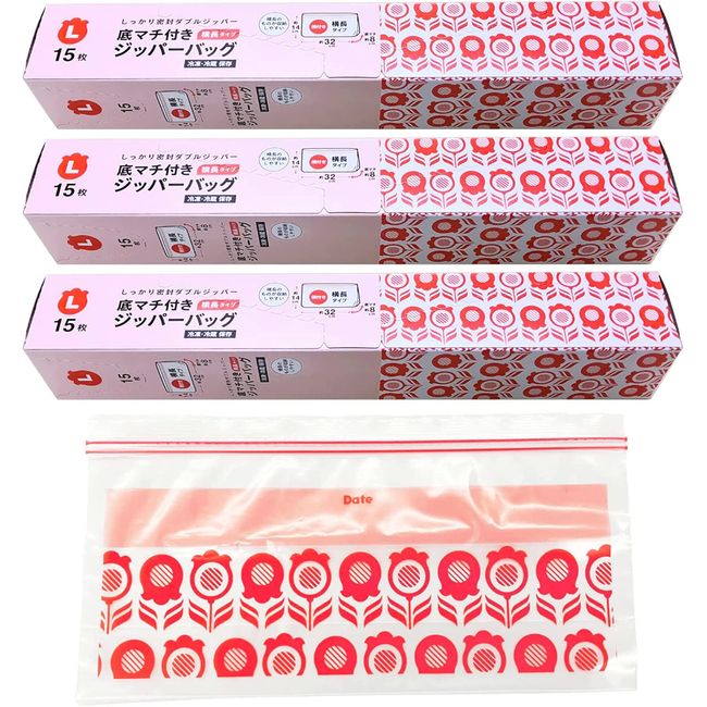 Core Freezer Bags with Gusset, Horizontal, Large, Red, Set of 15 x 3, Total of 45 Pieces, Retro Pattern, Double Zipper, Zipper Bags, Food Storage, Freezer, Storage Bags