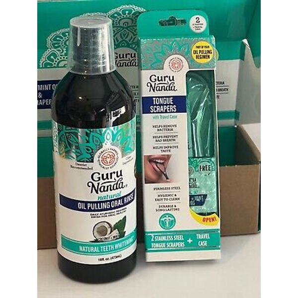 GuruNanda Coconut Oil Pulling Mouthwash & 2 tongue scrapers + TRAVEL CASE . #A8