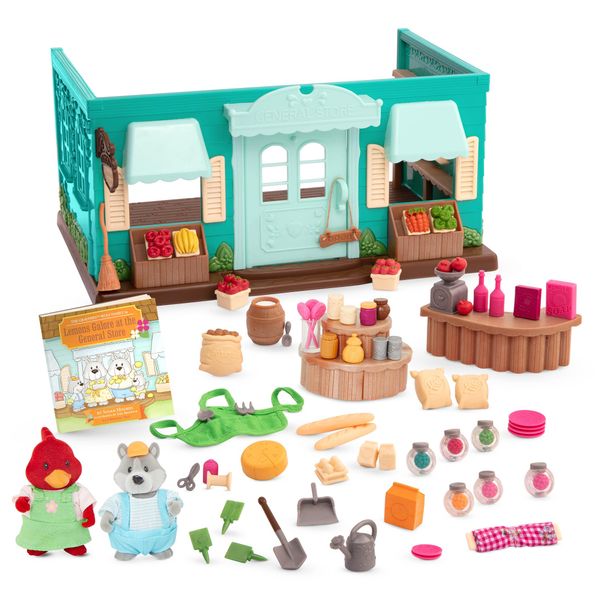 Lil Woodzeez - Toy Figures Playset – General Store Playhouse – Stackable – Mini Furniture & Play Food – Storybook & posable figures Included – 3 Years +