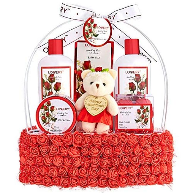 Birthday Gifts for Her, Spa Gift Basket for Women, Red Rose Bath and Body in Floral Handmade Basket - Bubble Bath, Body Butter, Salts, Shower Gel, Flower Soaps, Teddy Bear for Mom