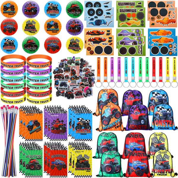 Jexine 140 Pcs Truck Birthday Party Favors Stickers DIY Stickers Drawstring Bags Mini Notepads Silicone Wristbands Bracelets Keychain Button Pins Flexible Soft Pencil